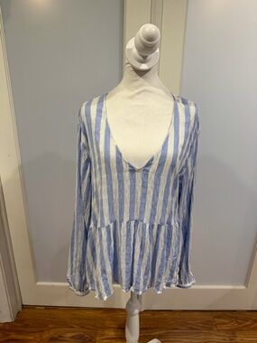 GAP Blue and White Striped V-Neck Peplum Tunic